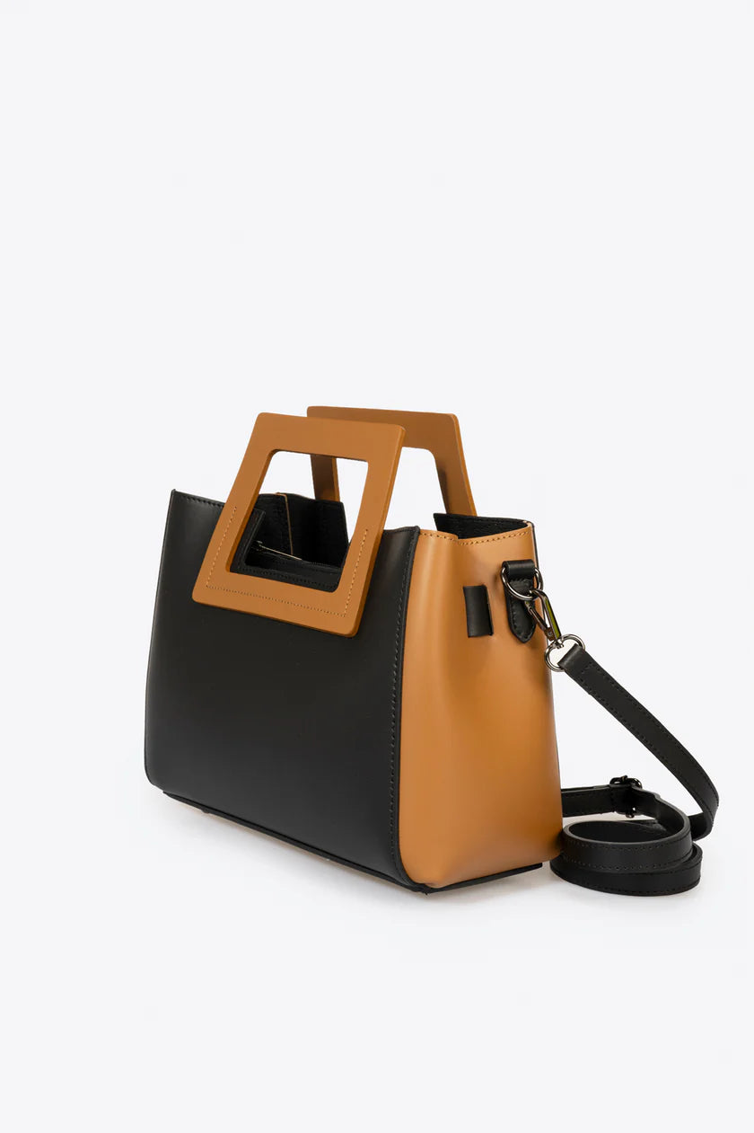 Sac Femme Anthea en Cuir Véritable — Noir & Cuoio, Fabriqué en Italie