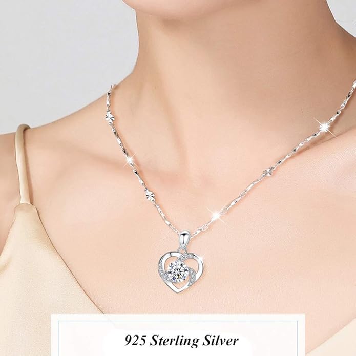 Collier et boucles d’oreilles estampillés en argent sterling 925, chaîne longue, style romantique doux, forme de cœur d’amour, pour femme, dame, épouse.