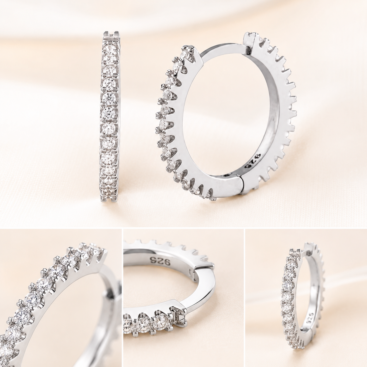 Boucles d'Oreilles Créoles Femme — Argent 925 Rhodié, Zircons Blancs 15 mm