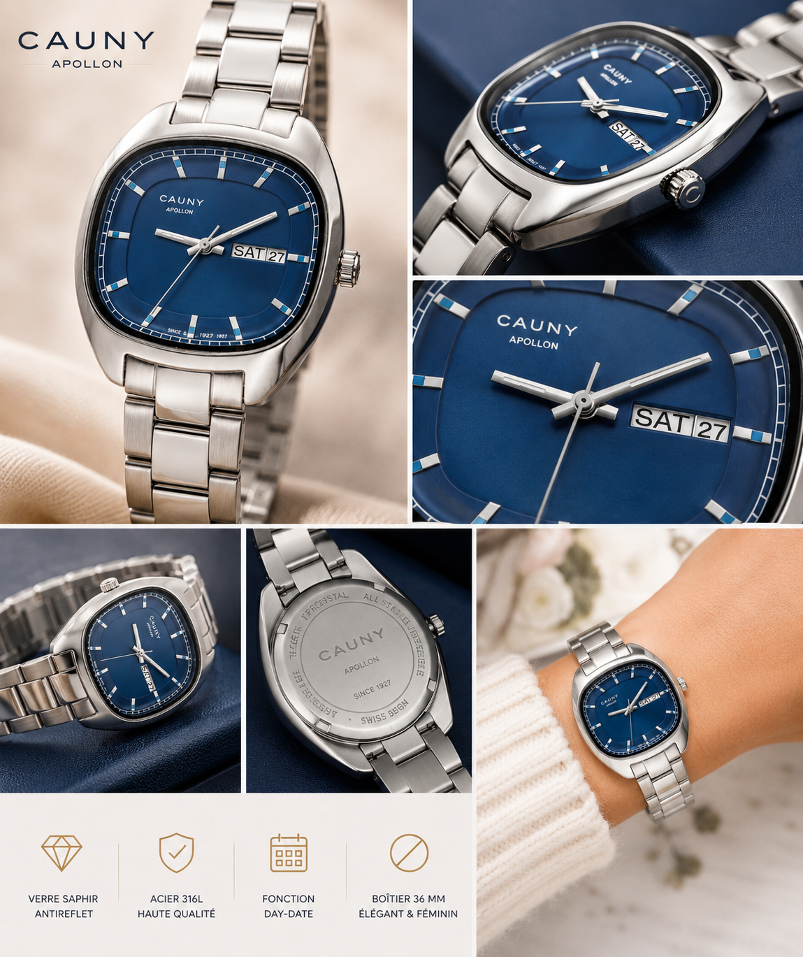 Montre Femme Cauny Apollon Day Date — Cadran Bleu en Acier