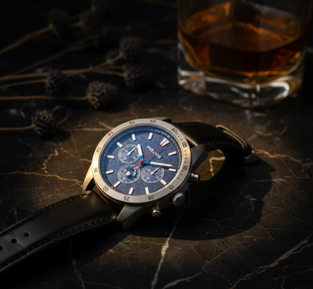 Police Malawi — Montre Chronographe Homme IP Gunmetal & Cuir Noir