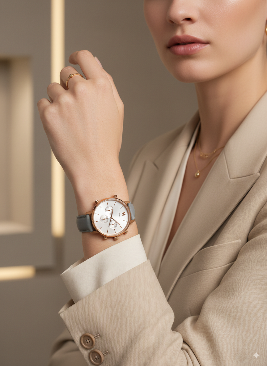Montre femme MVMT chronographe bracelet gris et boîtier or rose