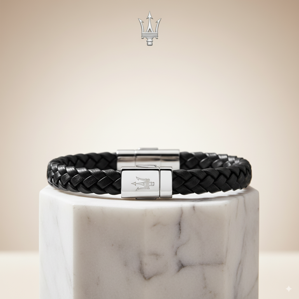 Bracelet Maserati en Cuir Noir avec Fermoir en Acier Inoxydable