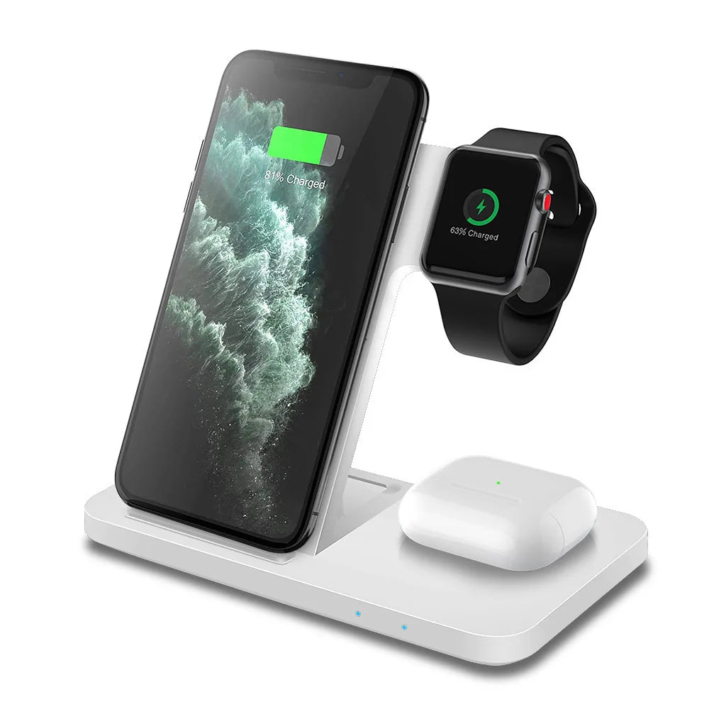 Chargeur Sans Fil 3 en 1 – 15W pour iPhone, Apple Watch et AirPods – Support Rapide et Pliable