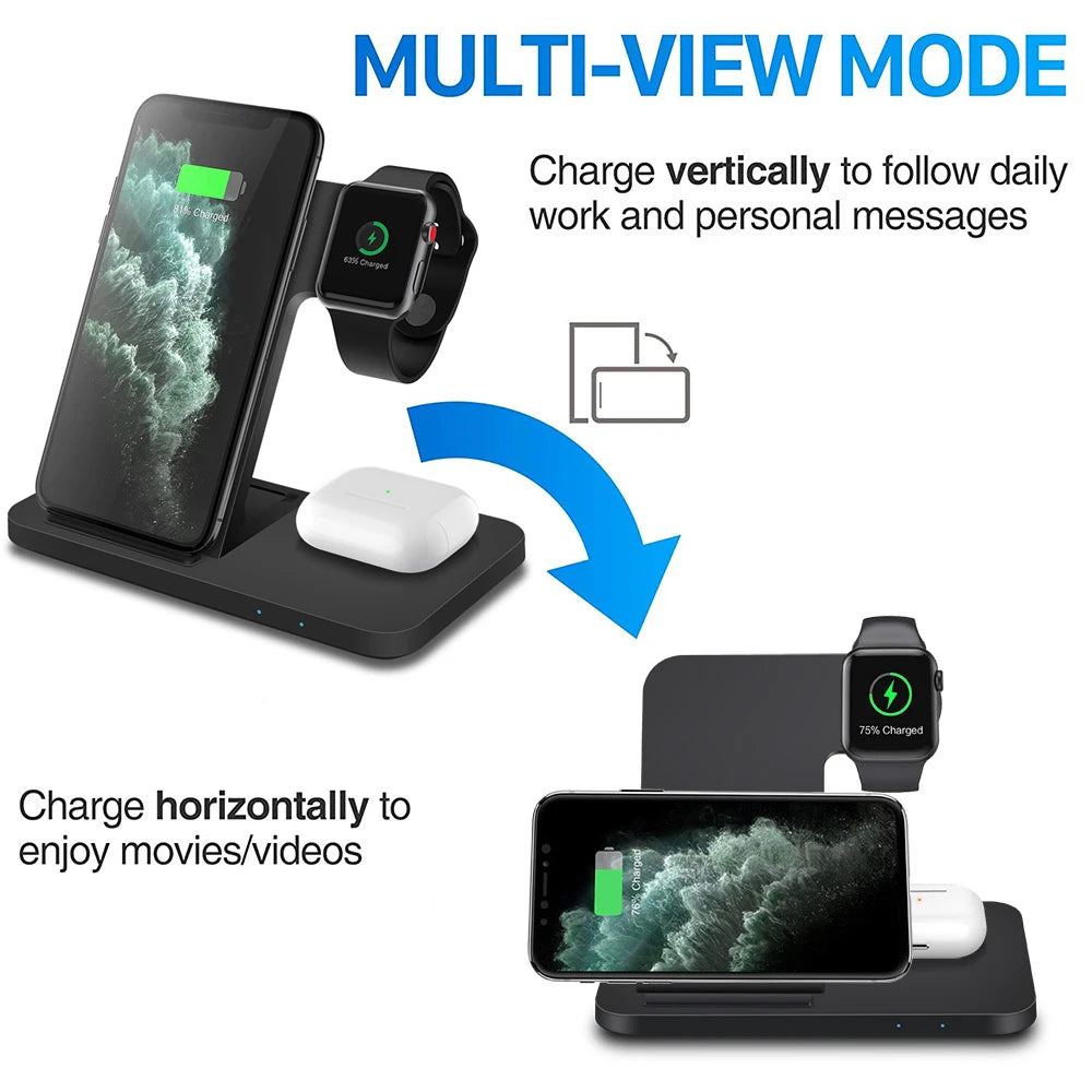 Chargeur Sans Fil 3 en 1 – 15W pour iPhone, Apple Watch et AirPods – Support Rapide et Pliable