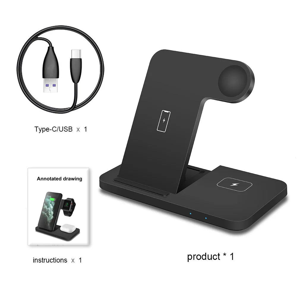 Chargeur Sans Fil 3 en 1 – 15W pour iPhone, Apple Watch et AirPods – Support Rapide et Pliable