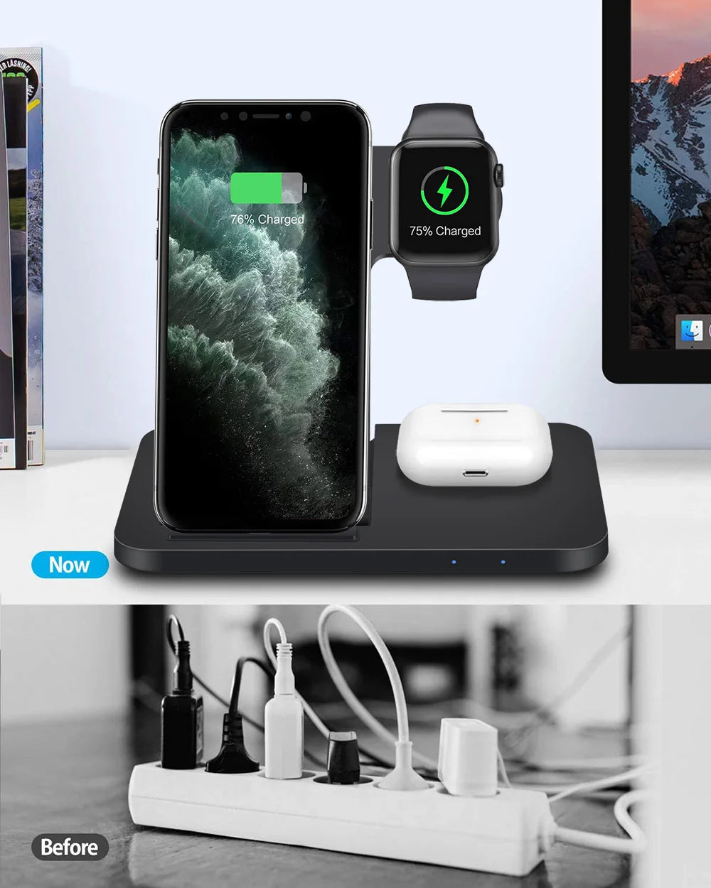 Chargeur Sans Fil 3 en 1 – 15W pour iPhone, Apple Watch et AirPods – Support Rapide et Pliable
