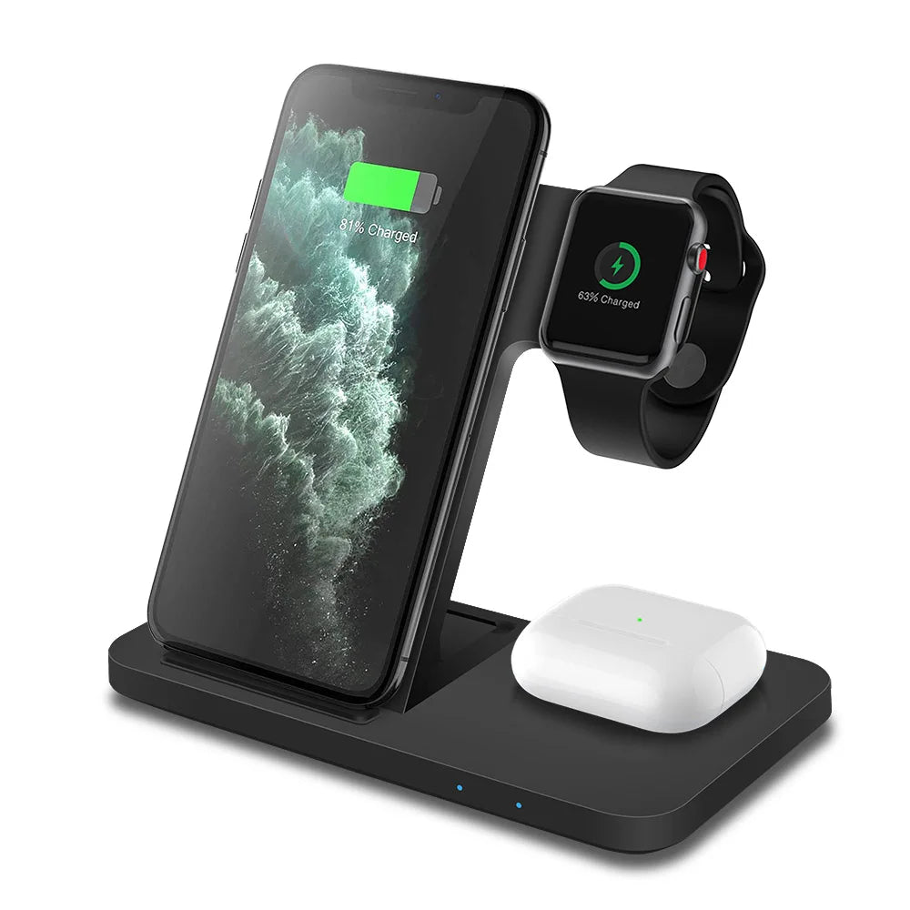 Chargeur Sans Fil 3 en 1 – 15W pour iPhone, Apple Watch et AirPods – Support Rapide et Pliable