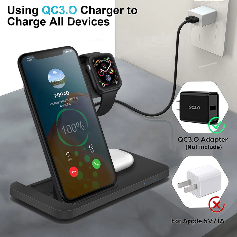 Chargeur Sans Fil 3 en 1 – 15W pour iPhone, Apple Watch et AirPods – Support Rapide et Pliable