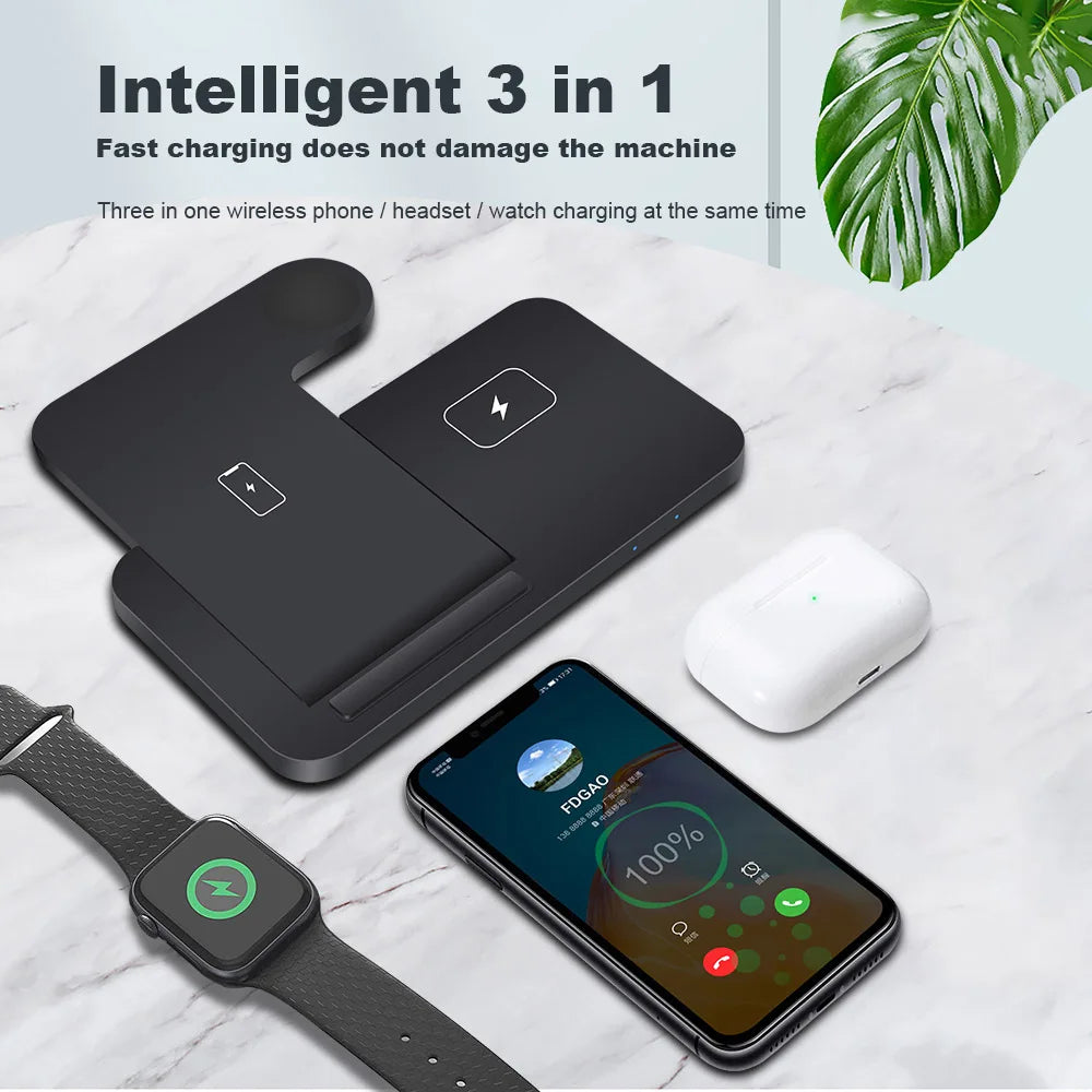 Chargeur Sans Fil 3 en 1 – 15W pour iPhone, Apple Watch et AirPods – Support Rapide et Pliable