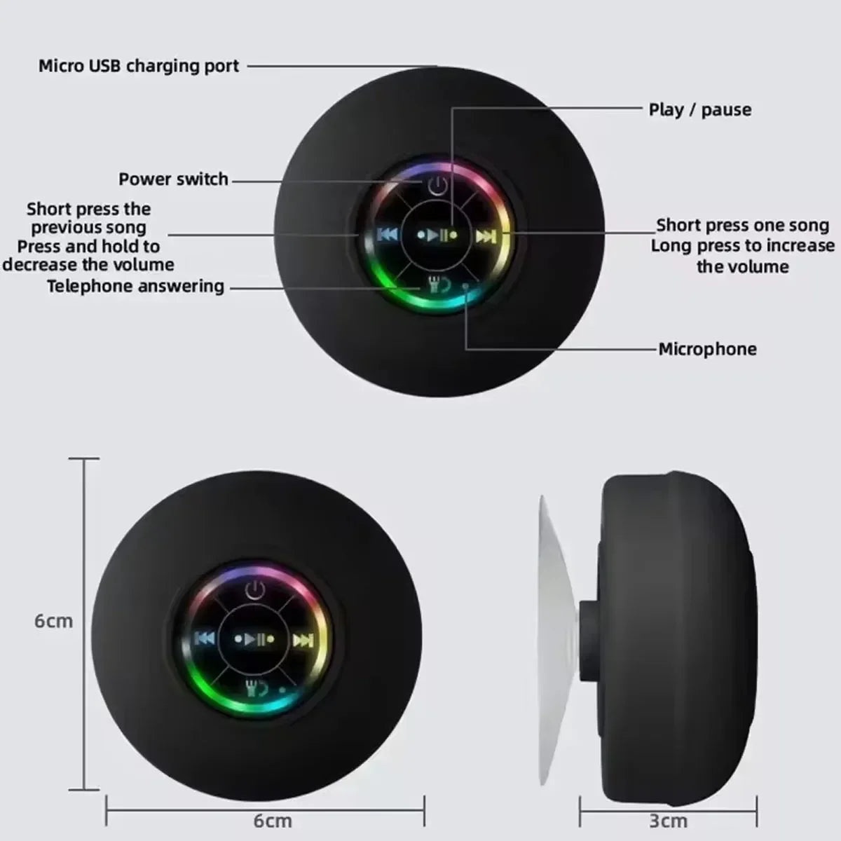 Lumières LED étanches IPX4, audio Bluetooth portable, extérieur, grande ventouse, haut-parleur mural, absorption possible