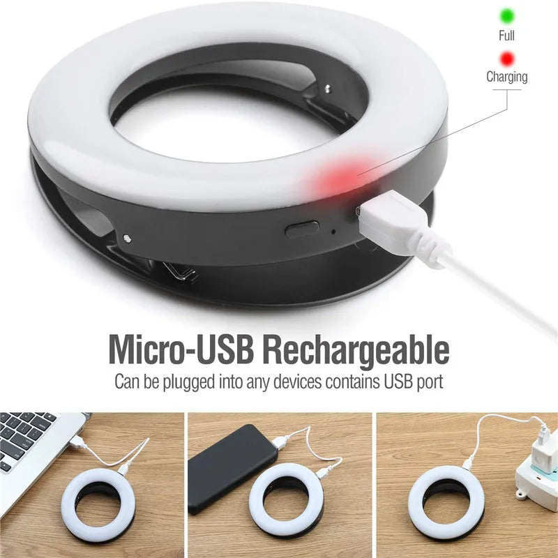 Anneau Lumineux LED Rechargeable pour Selfies – Lampe Clip Portable pour Téléphones Mobiles et Photos