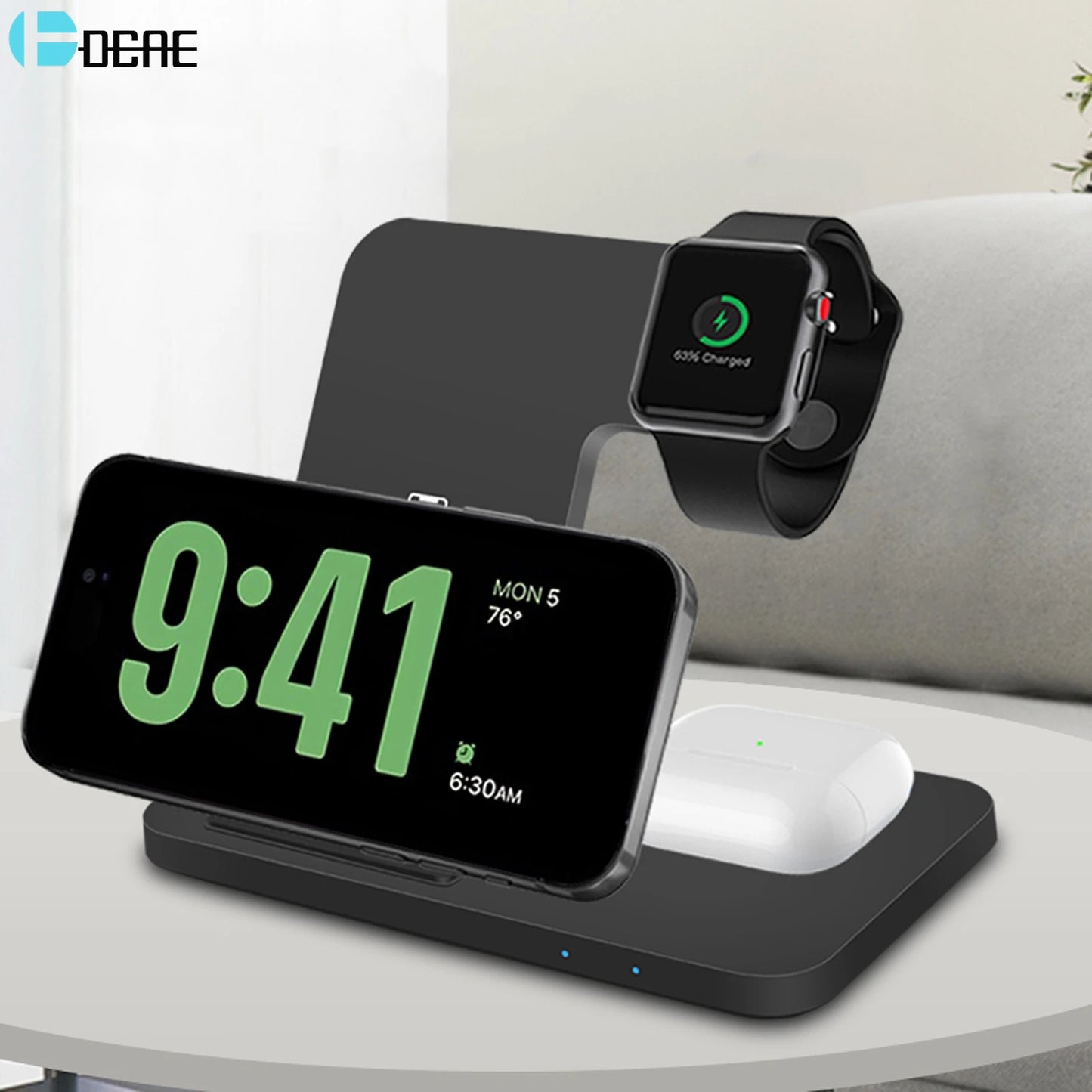 Chargeur Sans Fil 3 en 1 – 15W pour iPhone, Apple Watch et AirPods – Support Rapide et Pliable