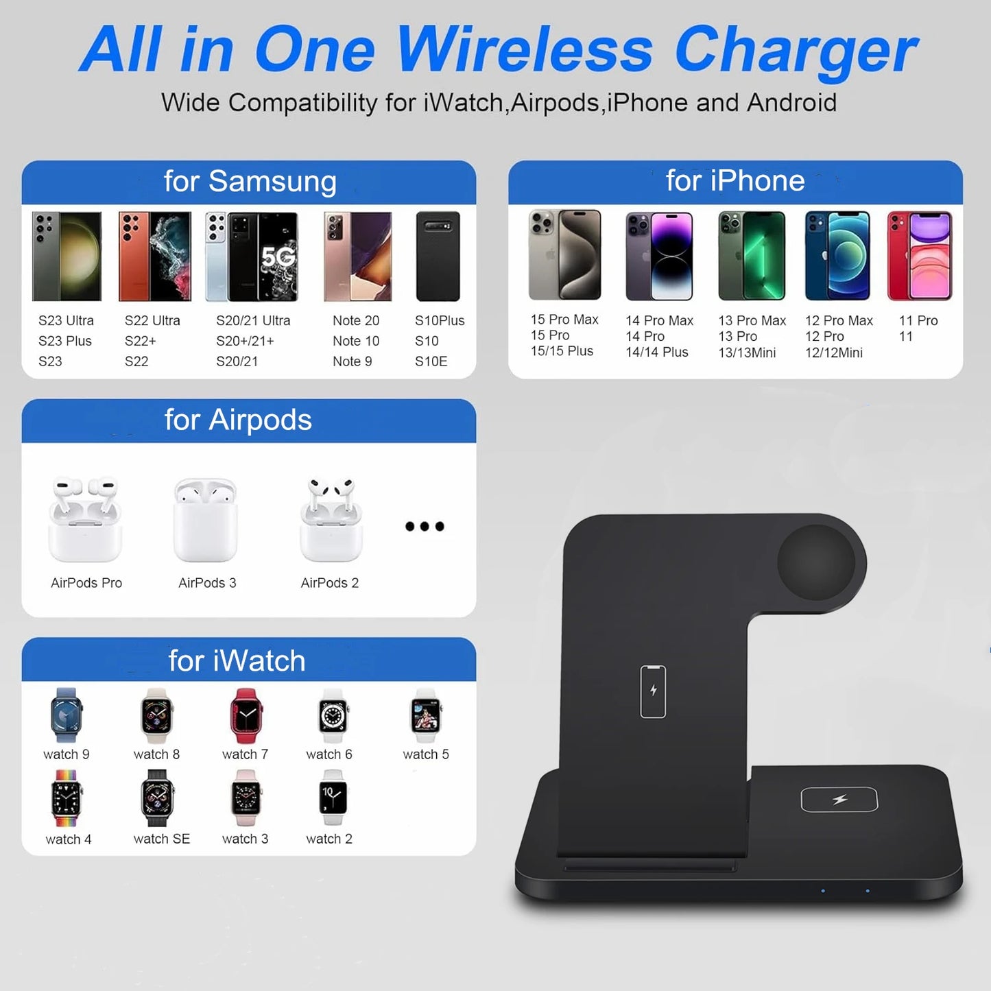 Chargeur Sans Fil 3 en 1 – 15W pour iPhone, Apple Watch et AirPods – Support Rapide et Pliable
