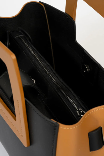 Sac Femme Anthea en Cuir Véritable — Noir & Cuoio, Fabriqué en Italie