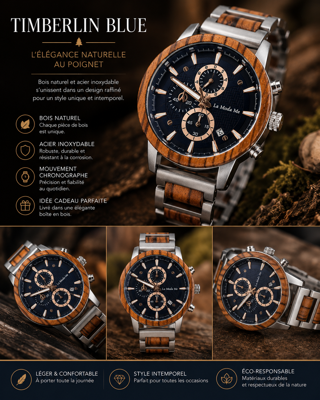 Montre Timberline Blue en Bois Naturel – Cadran Bleu Éco-Responsable