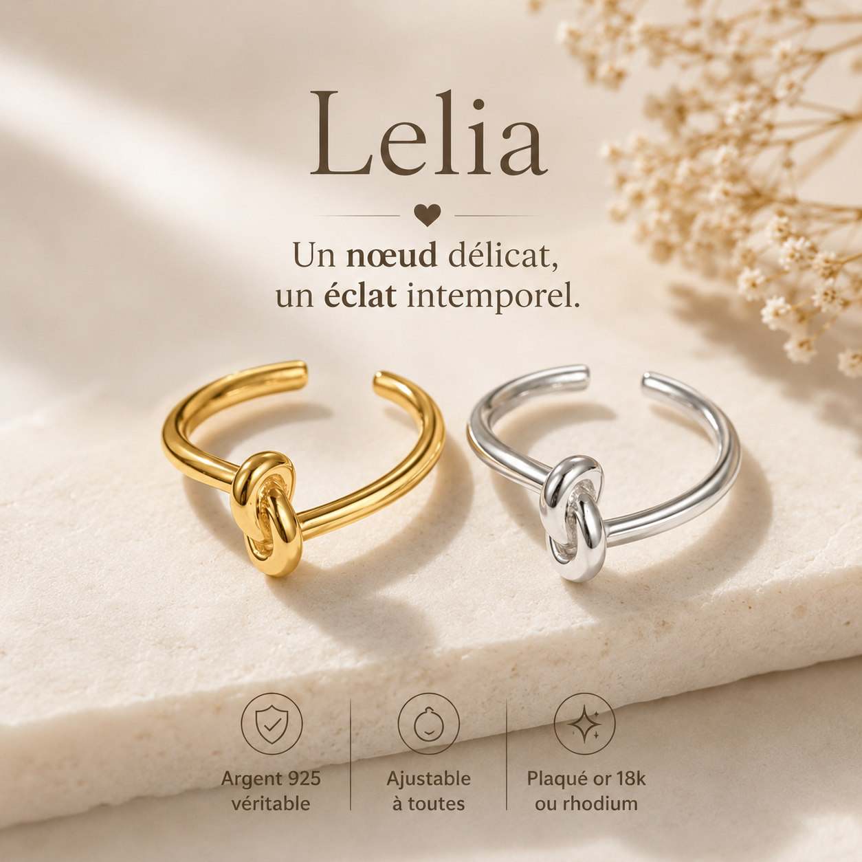 Bague Lelia Ajustable en Argent 925 – Or 18k ou Rhodium