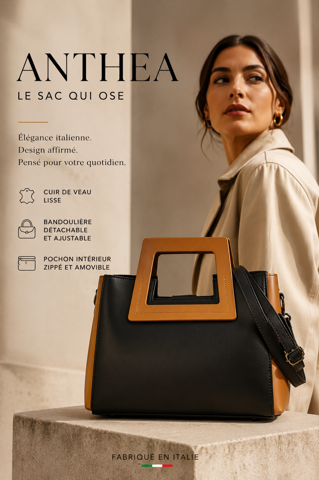 Sac Femme Anthea en Cuir Véritable — Noir & Cuoio, Fabriqué en Italie