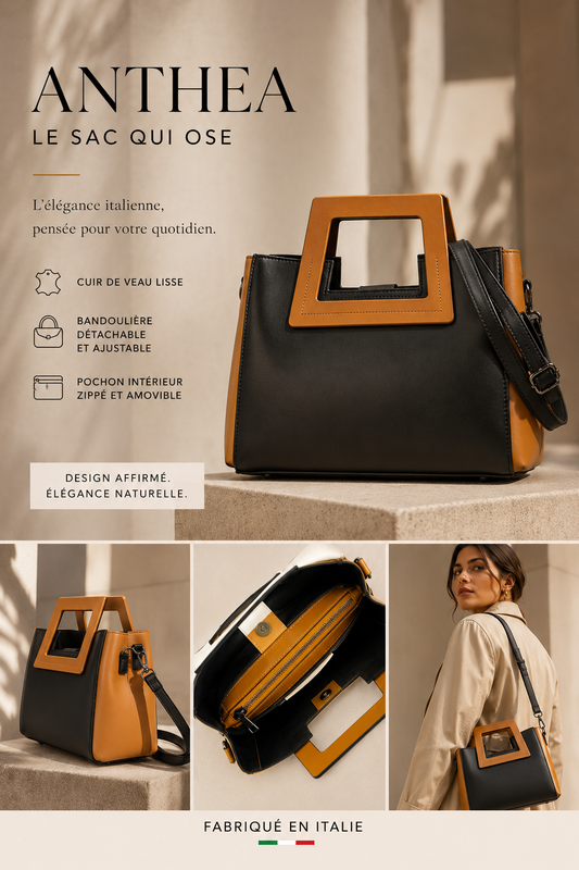 Sac Femme Anthea en Cuir Véritable — Noir & Cuoio, Fabriqué en Italie