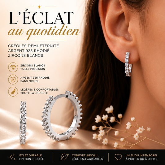 Boucles d'Oreilles Créoles Femme — Argent 925 Rhodié, Zircons Blancs 15 mm