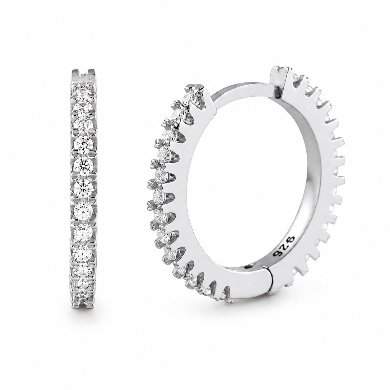 Boucles d'Oreilles Créoles Femme — Argent 925 Rhodié, Zircons Blancs 15 mm