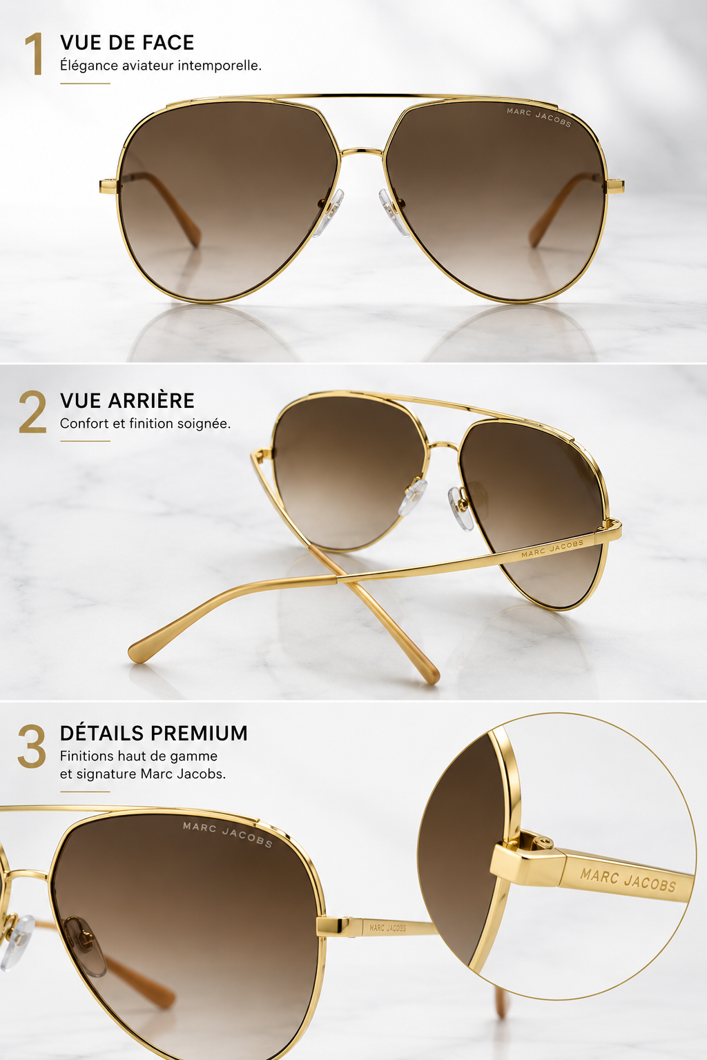 Marc Jacobs  — Lunettes de Soleil Aviateur à Monture Dorée