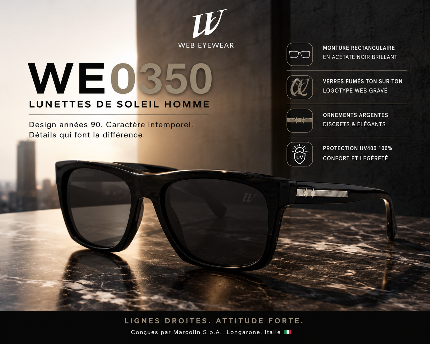 Web Eyewear WE0350 — Lunettes de Soleil Homme Rectangulaires Acétate Noir