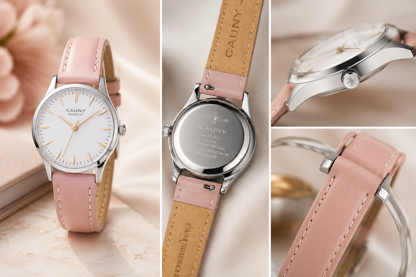 Cauny — Montre Femme Majestic Essence en Acier et Cuir Rose
