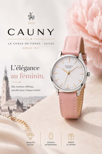 Cauny — Montre Femme Majestic Essence en Acier et Cuir Rose