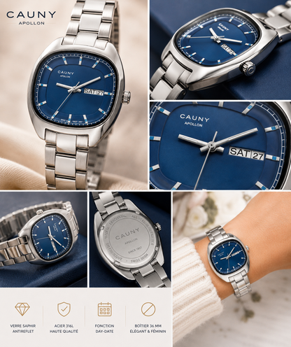 Montre Femme Cauny Apollon Day Date — Cadran Bleu en Acier