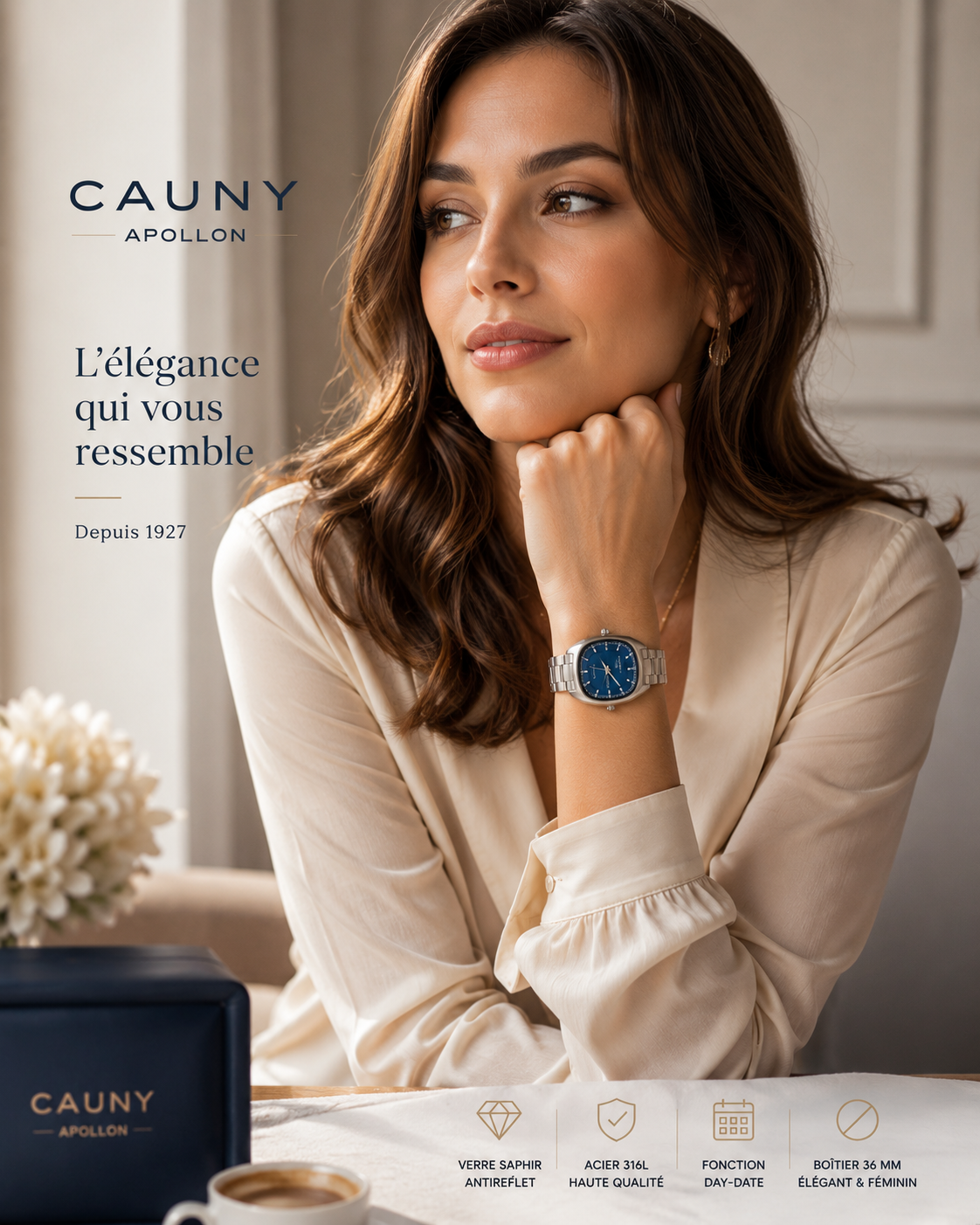 Montre Femme Cauny Apollon Day Date — Cadran Bleu en Acier