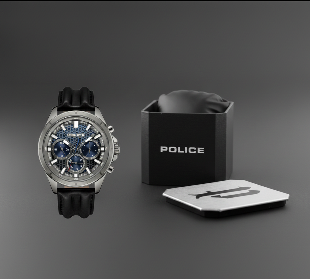 Police Malawi — Montre Chronographe Homme IP Gunmetal & Cuir Noir