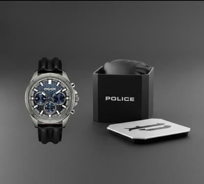 Police Malawi — Montre Chronographe Homme IP Gunmetal & Cuir Noir