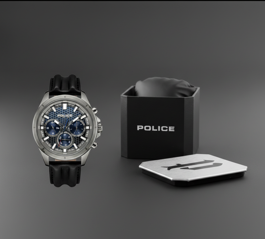 Police Malawi — Montre Chronographe Homme IP Gunmetal & Cuir Noir