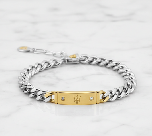 Bracelet Maserati pour homme en acier bicolore – Plaque centrale dorée