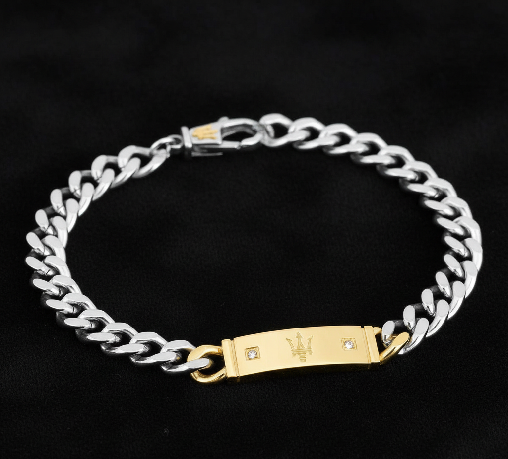 Bracelet Maserati pour homme en acier bicolore – Plaque centrale dorée