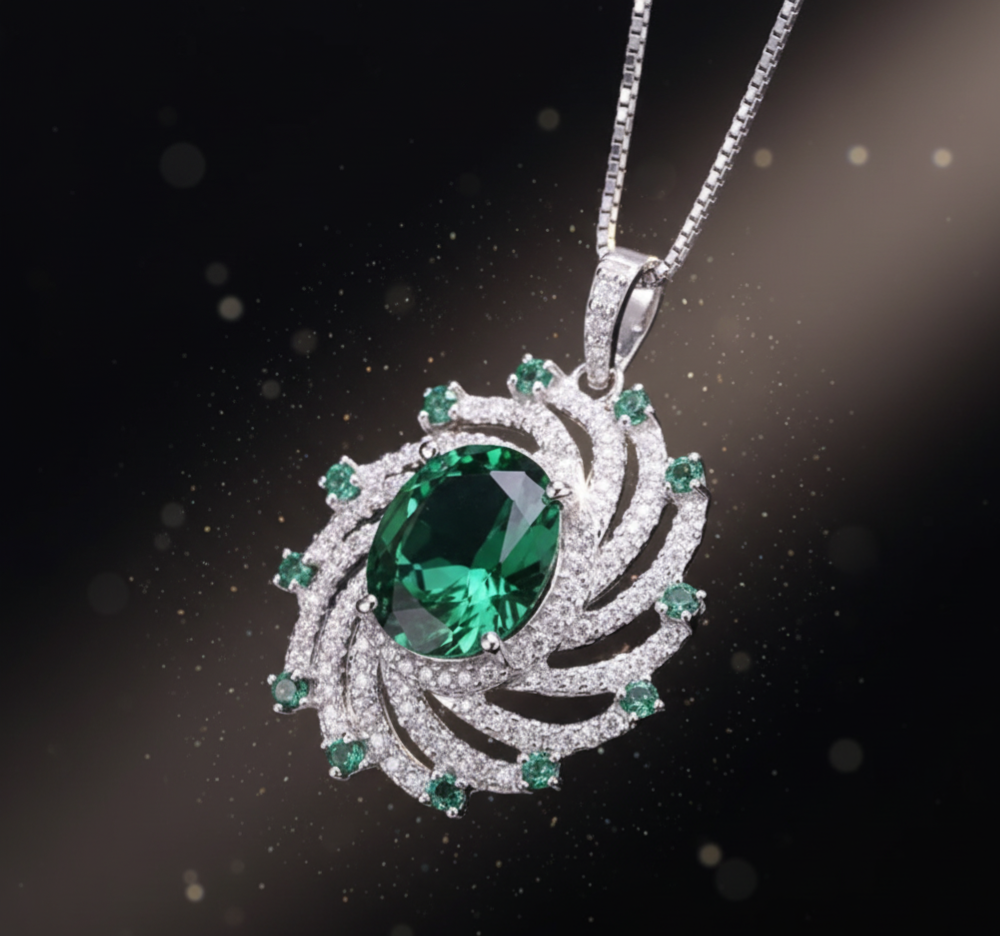 Pendentif en Argent 925 avec Émeraude Nano et Zircons Blancs