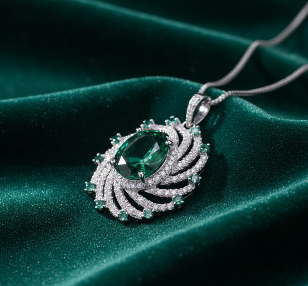 Pendentif en Argent 925 avec Émeraude Nano et Zircons Blancs