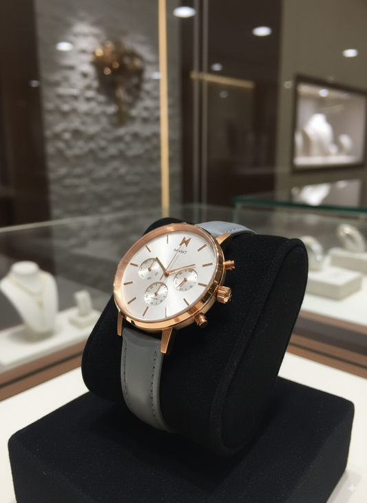 Montre femme MVMT chronographe bracelet gris et boîtier or rose