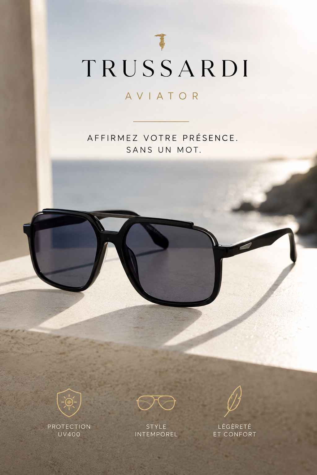 Trussardi — Lunettes de Soleil Aviateur Noires pour Homme